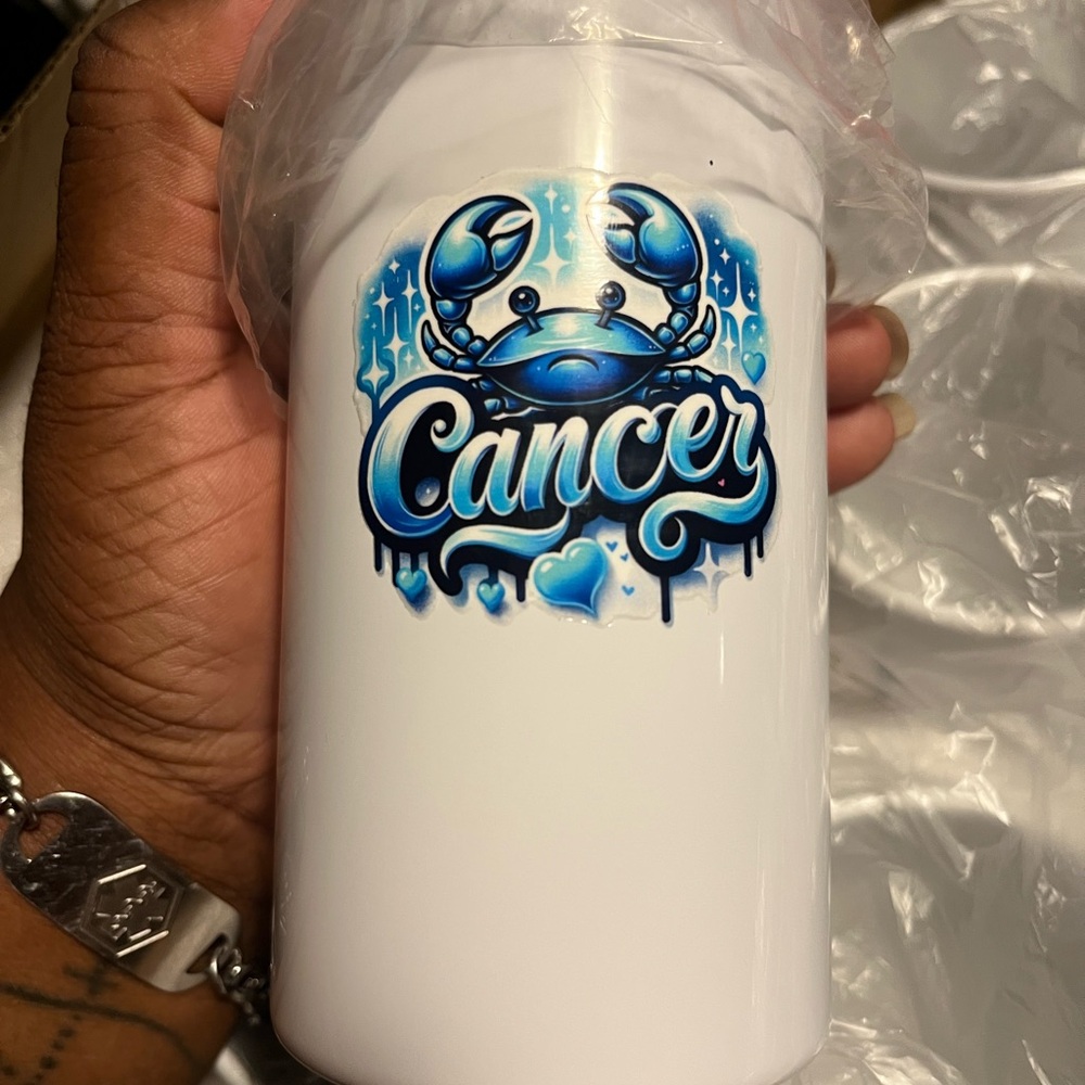 White Tumbler with Blue Cancer Zodiac Design